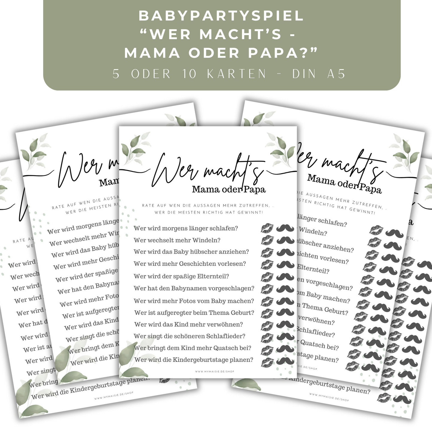 Babyparty Spiele Karten - Guess Who / Mama oder Papa - 5 oder 10 Karten in DIN A5
