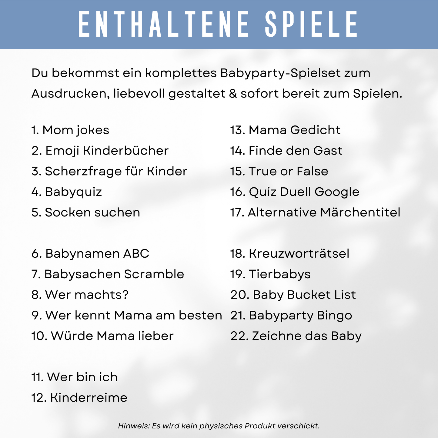 Babypartyspiele Sets - 22 lustige Babypartyspiele