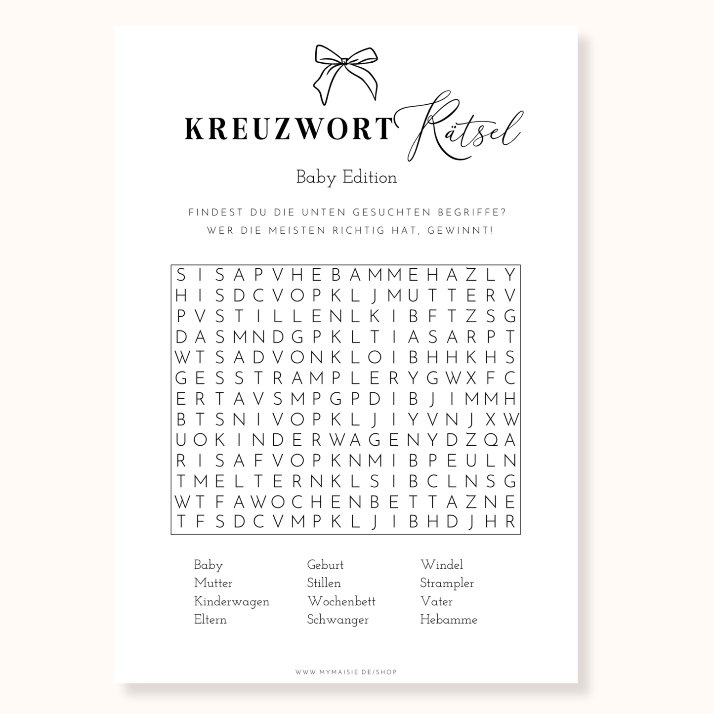 Babyparty Spiel – Kreuzworträtsel Baby