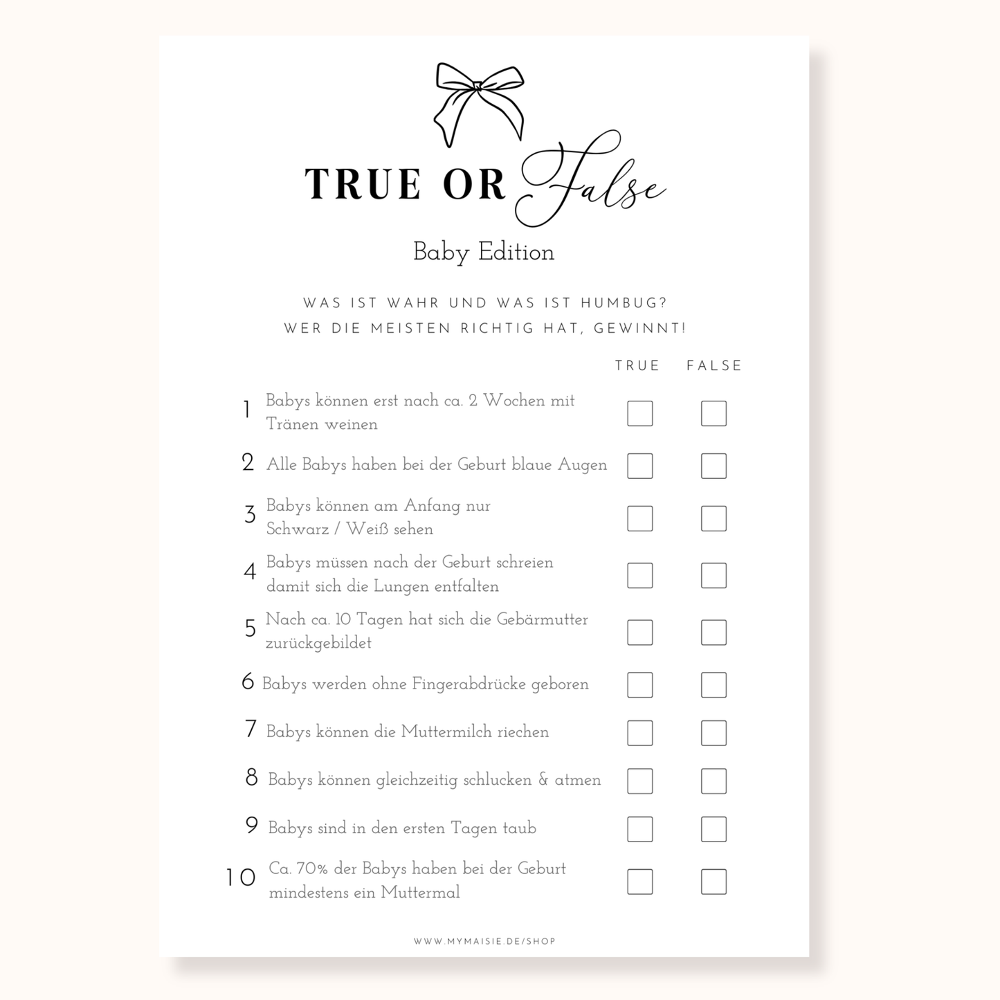 Babyparty Spiel – Wahr oder Falsch zum Ausdrucken