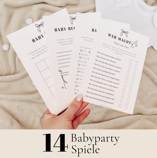 Babyparty Spiele Set – 14 lustige Babyparty Spiele zum Ausdrucken