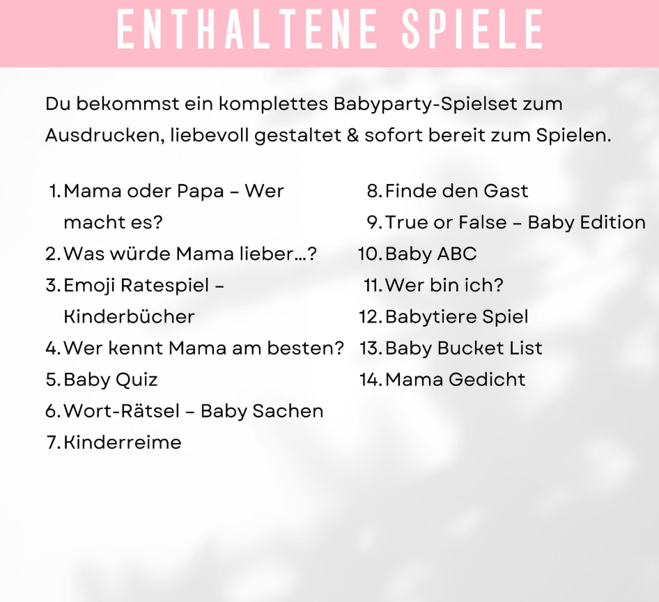 Babyparty Spiele Set – 14 lustige Babyparty Spiele zum Ausdrucken