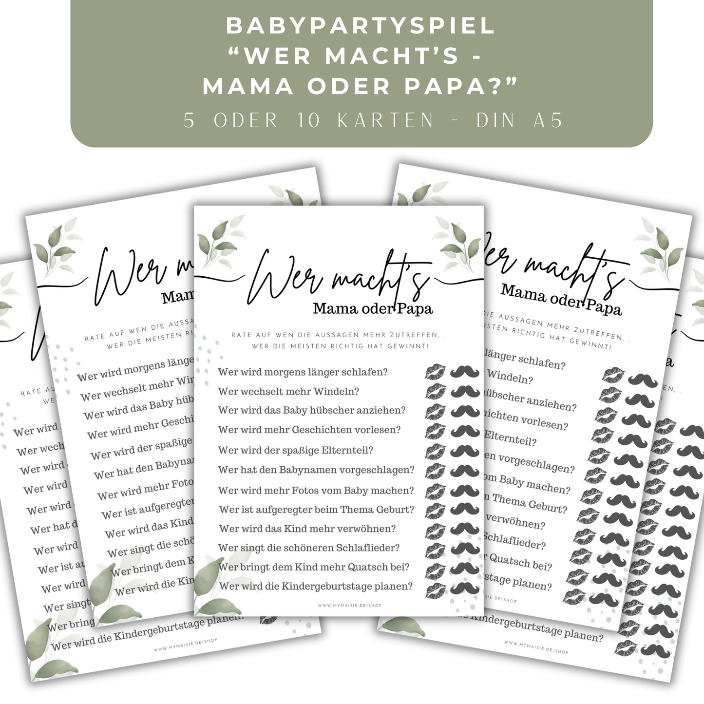 Babyparty Spiele Karten - Guess Who / Mama oder Papa  - 5 oder 10 Karten in DIN A5