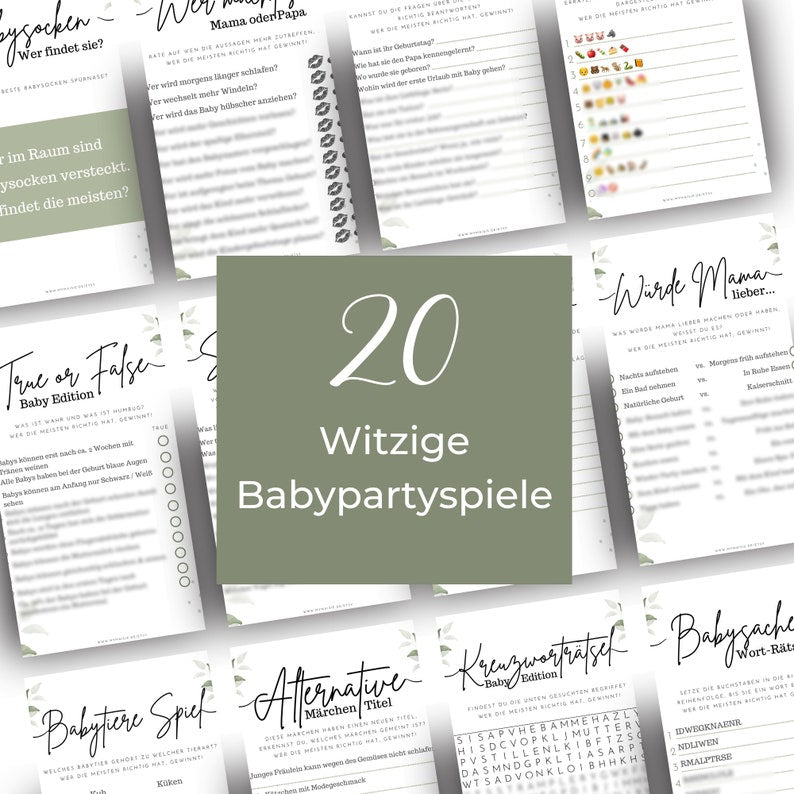 20 lustige Babypartyspiele Set für Babyshower
