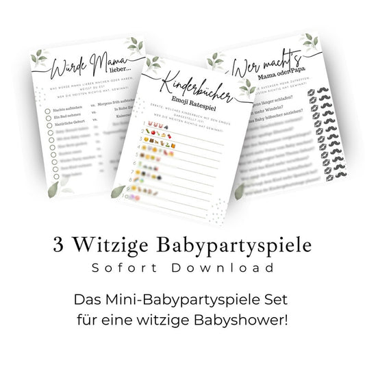 3 lustige Babypartyspiele Set zum Ausdrucken