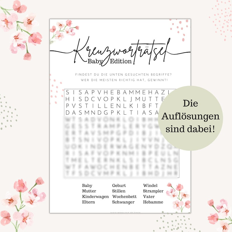 Babyshowerspiel zum Ausdrucken Baby Kreuzwortraetsel
