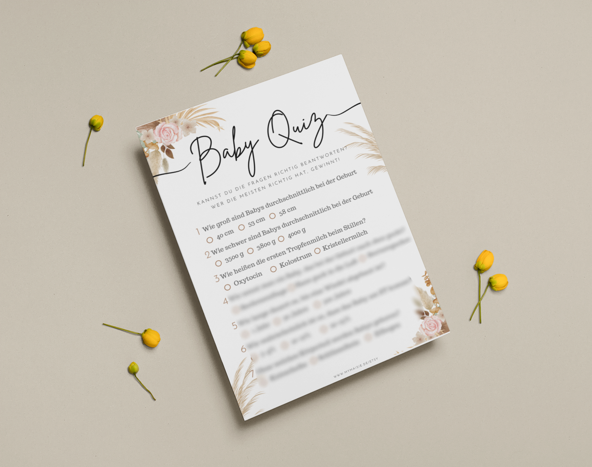 Babyshowerspiel zum Ausdrucken Baby Quiz Boho