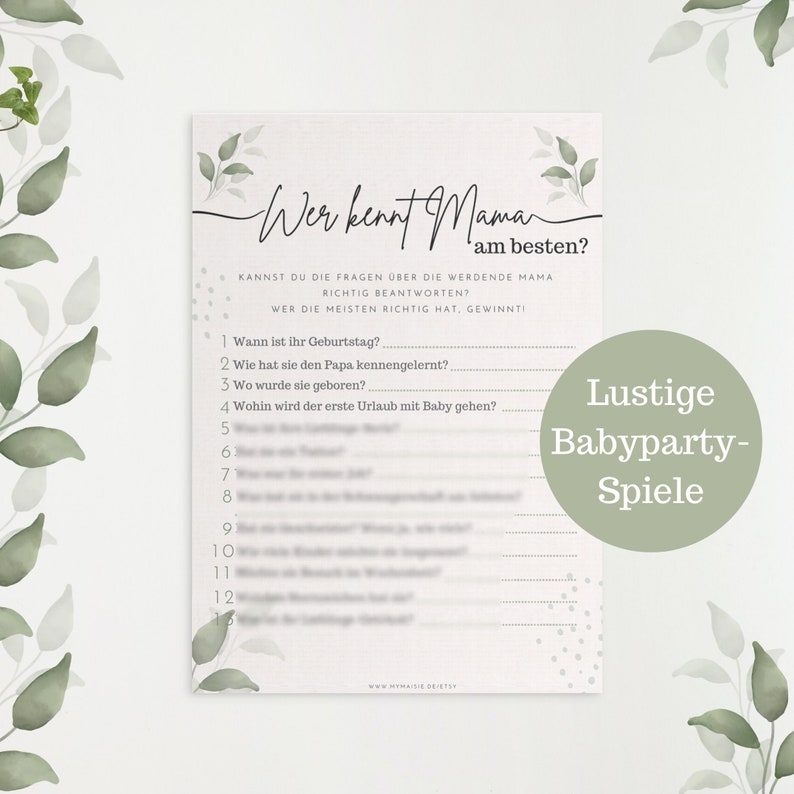 Babyshowerspiel zum Ausdrucken Wer kennt Mama am besten Eukalyptus
