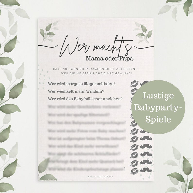Babypartyspiel zum Ausdrucken Mama oder Papa Eukalyptus