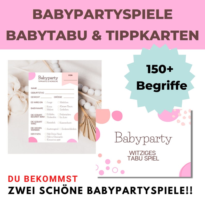 Zwei Babypartyspiele: Baby Tabu und Tippkarten - Rosa